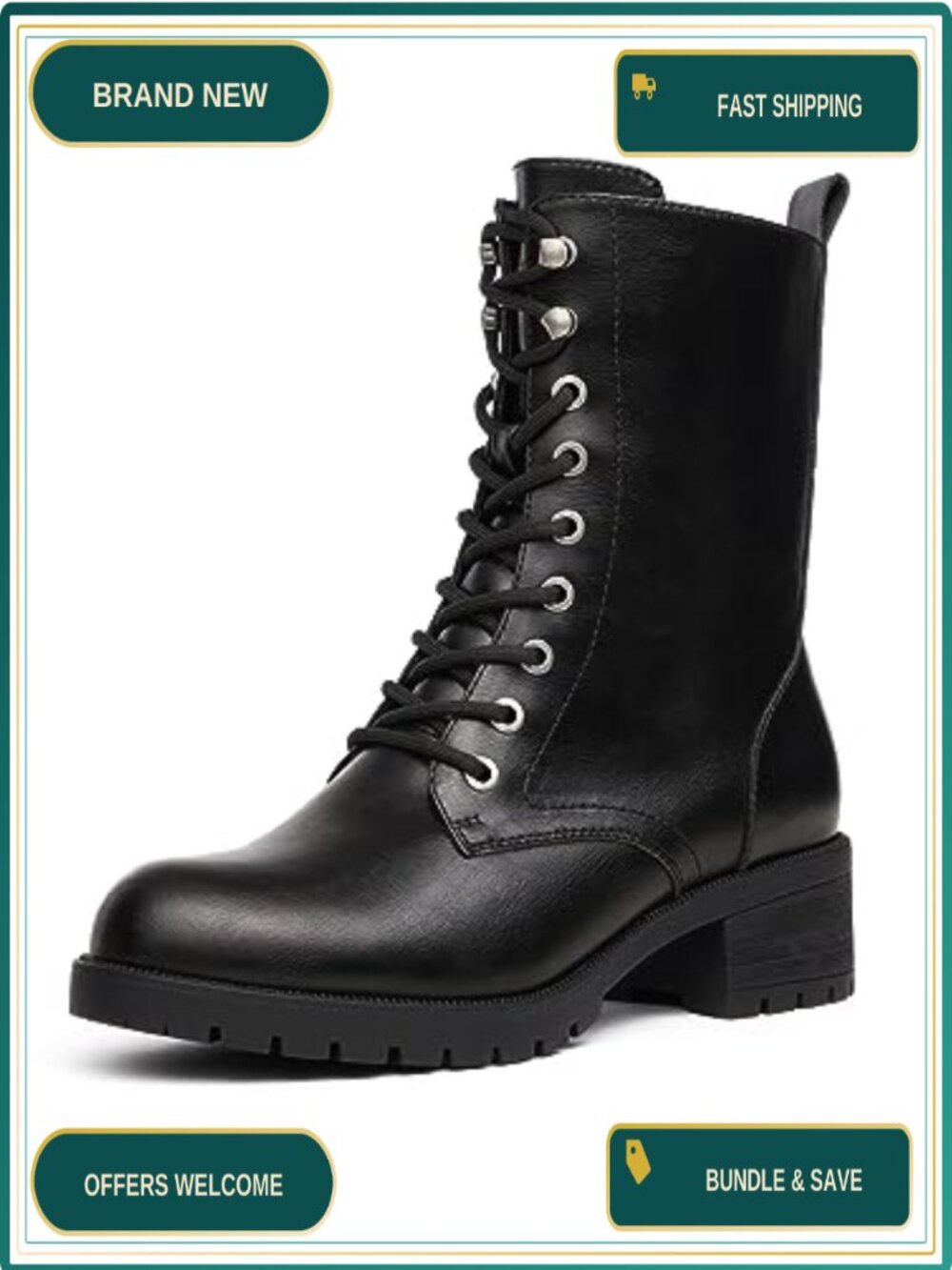 Lace-up Combat Boots Mid-calf Military Winter Boot for Women Faux Leather